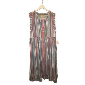 We The Free Striped Midi Dress Red Blue White Button Neck Sleeveless Size S